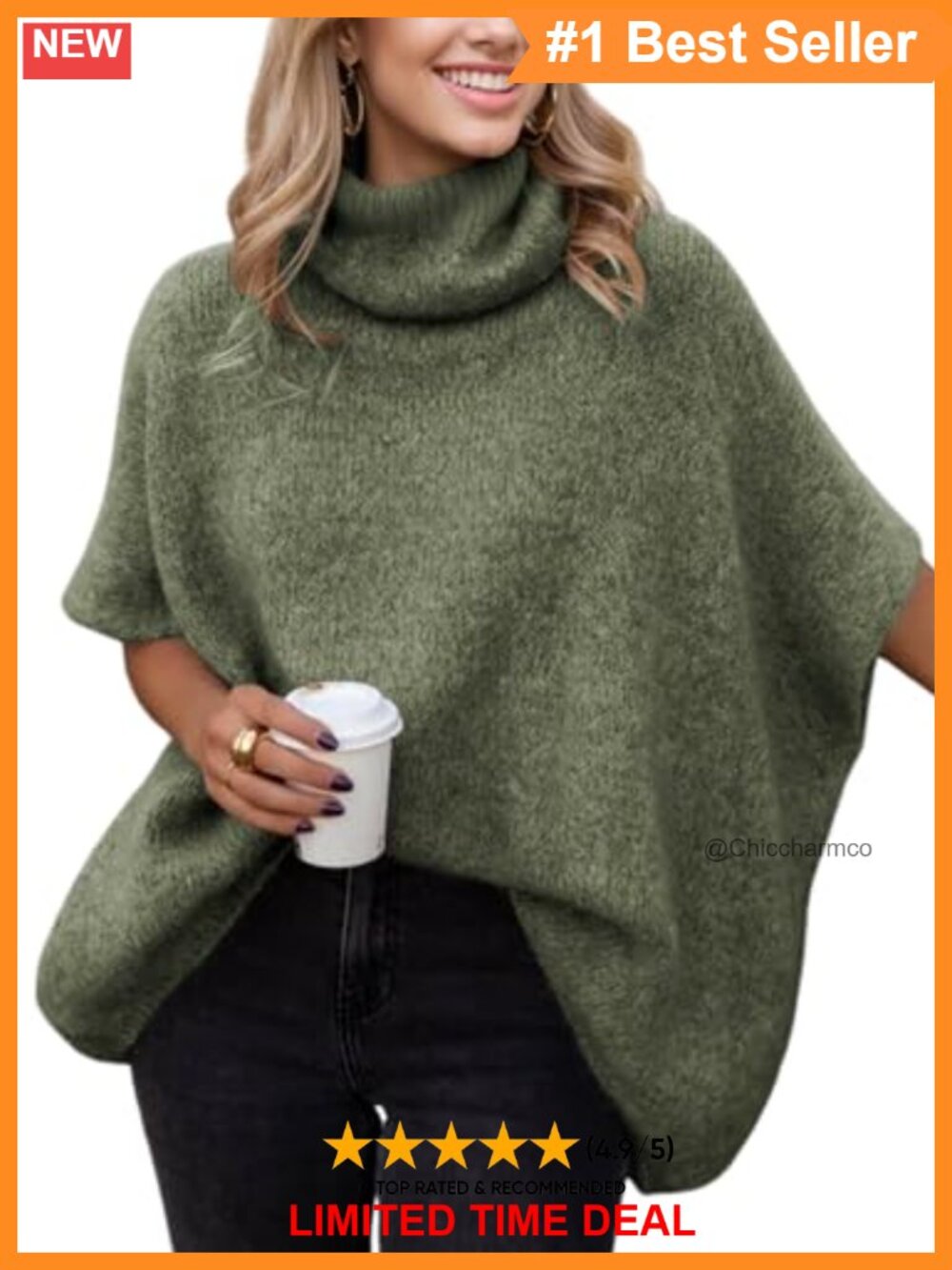 Oversized Turtleneck Batwing Sleeve Knit Pullover Sweater